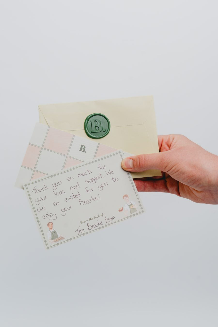 A real handwritten Broekie card with a green wax seal